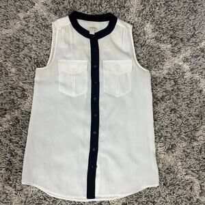J Crew Cream Black Sleeveless Button Down Shirt Top 2 XS Extra Small